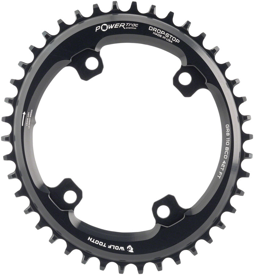 Wolf Tooth Elliptical Shimano 110 Asymmetric BCD Chainring - 42t 110 Asymmetric BCD 4-Bolt Drop-Stop B For Shimano GRX Cranks BLK