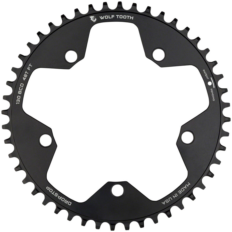 Wolf Tooth 130 BCD Road Cyclocross Chainring - 48t 130 BCD 5-Bolt Drop-Stop B 10/11/12-Speed Eagle Flattop Compatible BLK