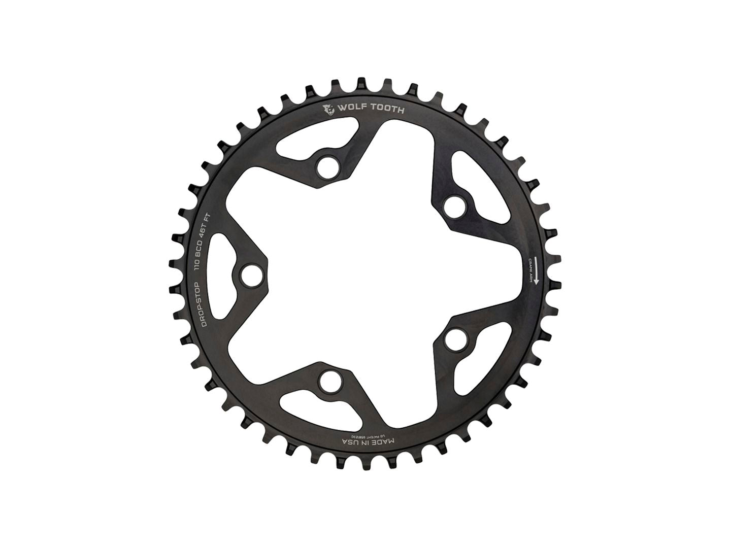 Wolf Tooth 110 BCD Cyclocross Road Chainring - 46t 110 BCD 5-Bolt Drop-Stop 10/11/12-Speed Eagle Flattop Compatible BLK